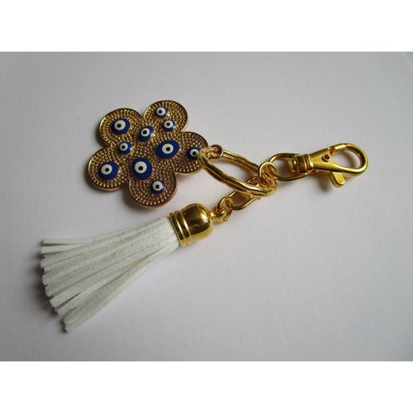 Gold tone blue evil eye flower charm key chain white leather tassel purse charm - Picture 9 of 9
